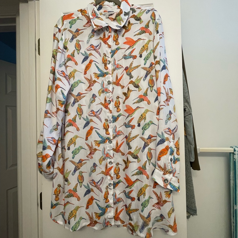 John Mark Hummingbird Print Long Tunic or Dress White Orange Blue Multicolor 1X